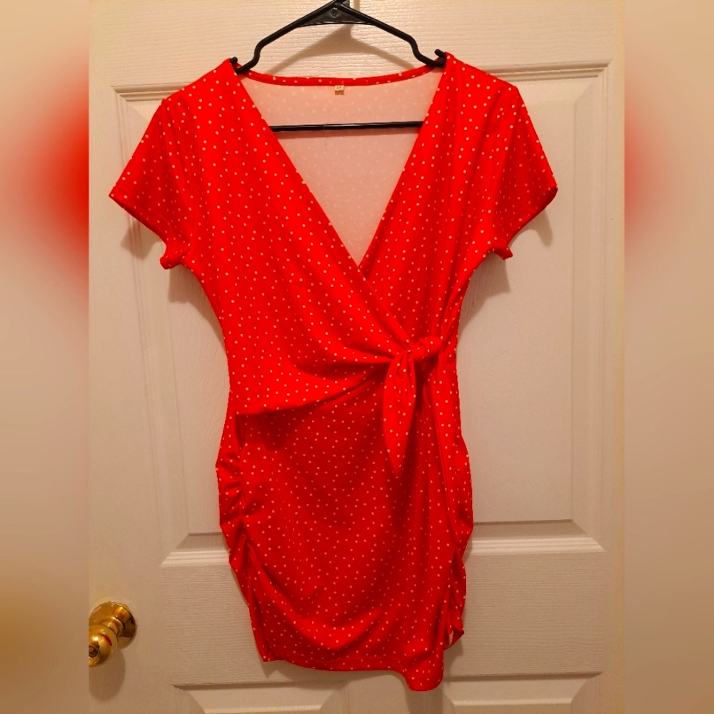 Red Polka Dot Maternity Ruched Faux Wrap Blouse